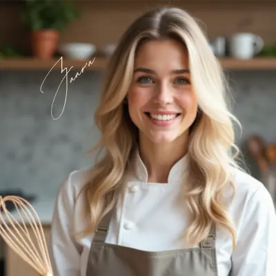 Blonde female chef smiling in a kitchen holding a whisk – PureKitchenRecipes